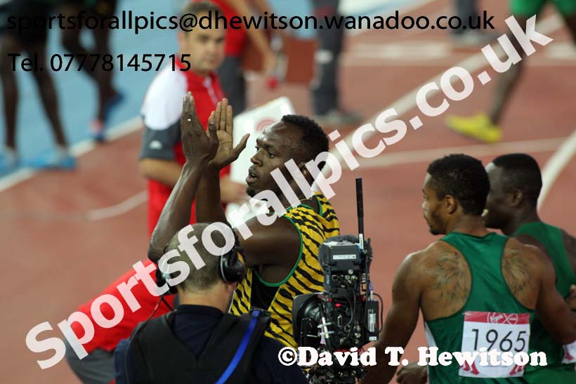 Usain Bold (Jamaica) after running in the 4 x 100 metres heats at the Commonwealth Games, Glasgow. Photo: David T. Hewitson/Sports for All Pics